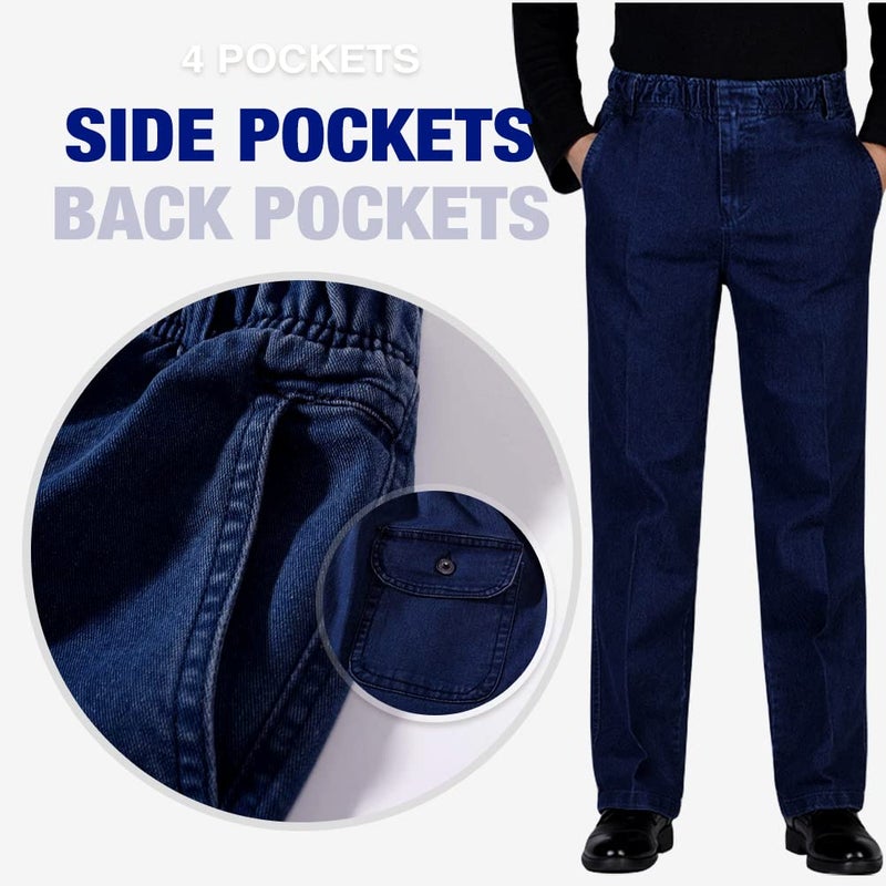 IDEALSANXUN Elastic Waist Jeans for Men Loose Fit Jeans Casual Pants (38Wx32L, Dark Blue) - Image 5